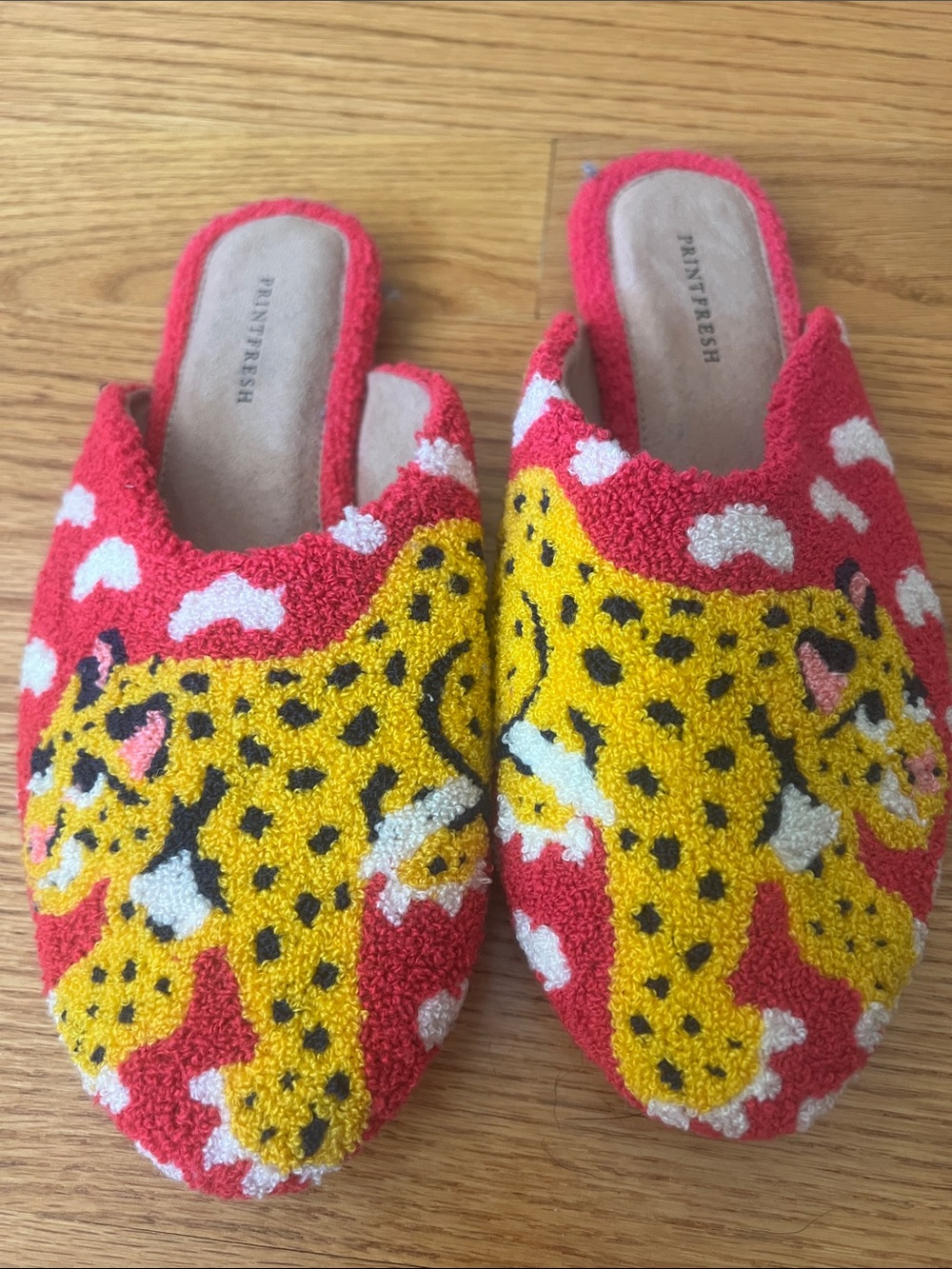 Printfresh Pink & Yellow spotted Leopard Terry Crochet Mules Flats New 8 - Picture 2 of 7